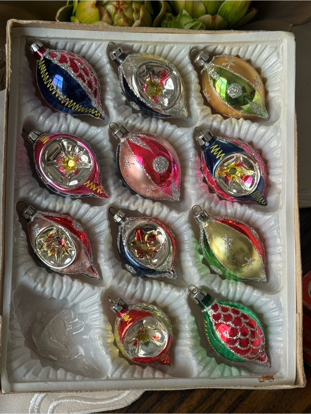 Set of 11 European indent hand painted glitter vintage Christmas ornaments